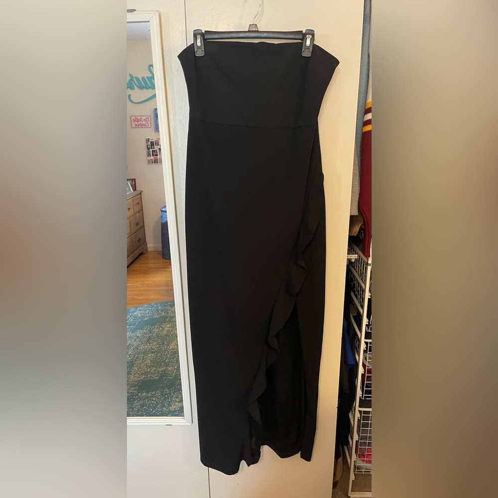 LuLu’s After Hours Black Strapless Ruffled Maxi dress
